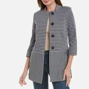 Cabi #5474 Dappled Striped Collarless Car Coat Navy Grey Small